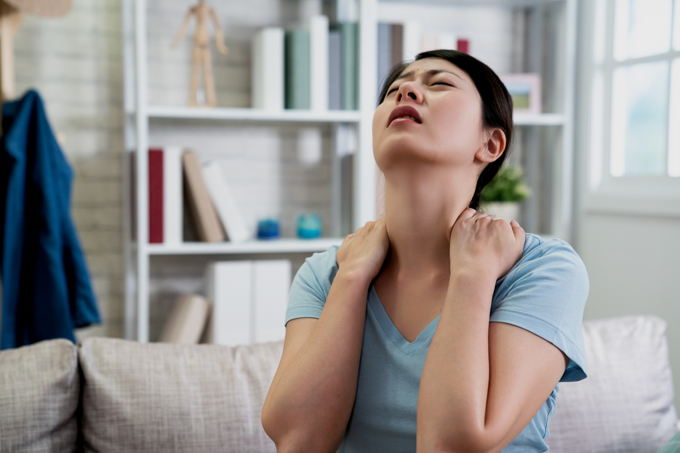 Woman Has Neck Pain Stretching Painful Body